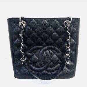 CHANEL Petite Shopping Tote Chain Hand Bag Quilted Black Caviar